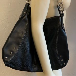 Large FURLA Black Pebbled Leather Shoulder Hand Bag Chain Strap
